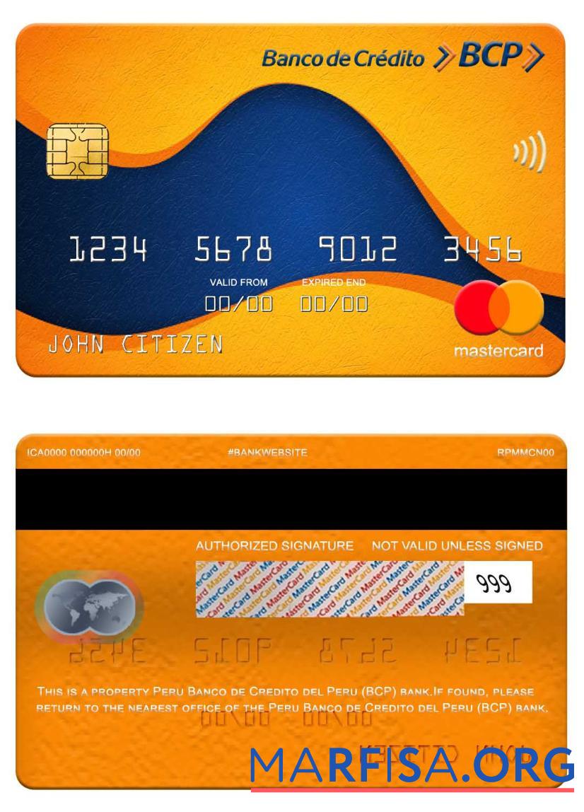 Realistic Peru Banco de Credito del Peru (BCP) bank mastercard template